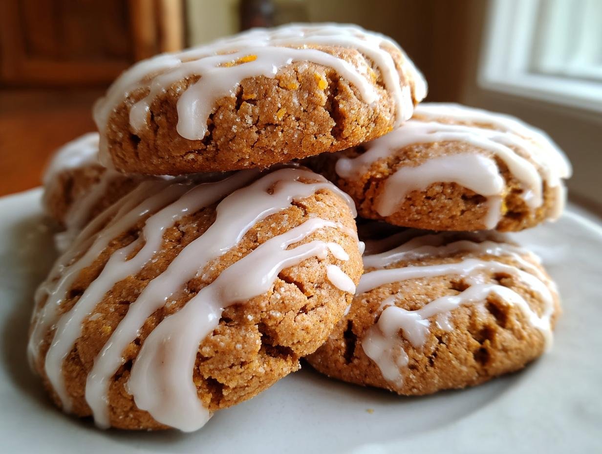 A stack of Irresistible Pumpkin Pie Cookies drizzled generously with white vanilla icing.