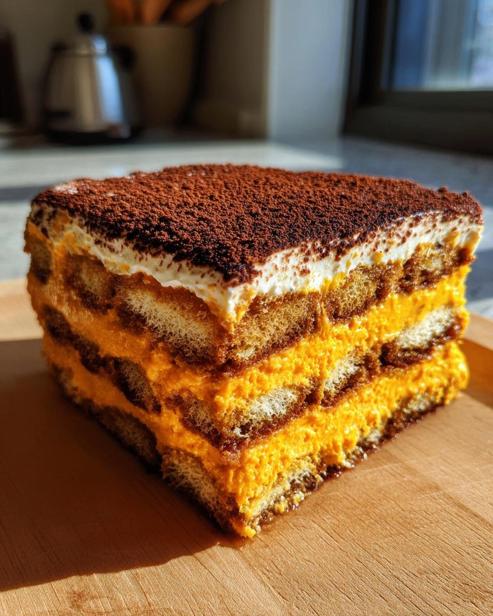 A close-up slice of Irresistible Pumpkin Tiramisu showing layers of orange pumpkin cream and soaked ladyfingers, topped with cocoa powder.