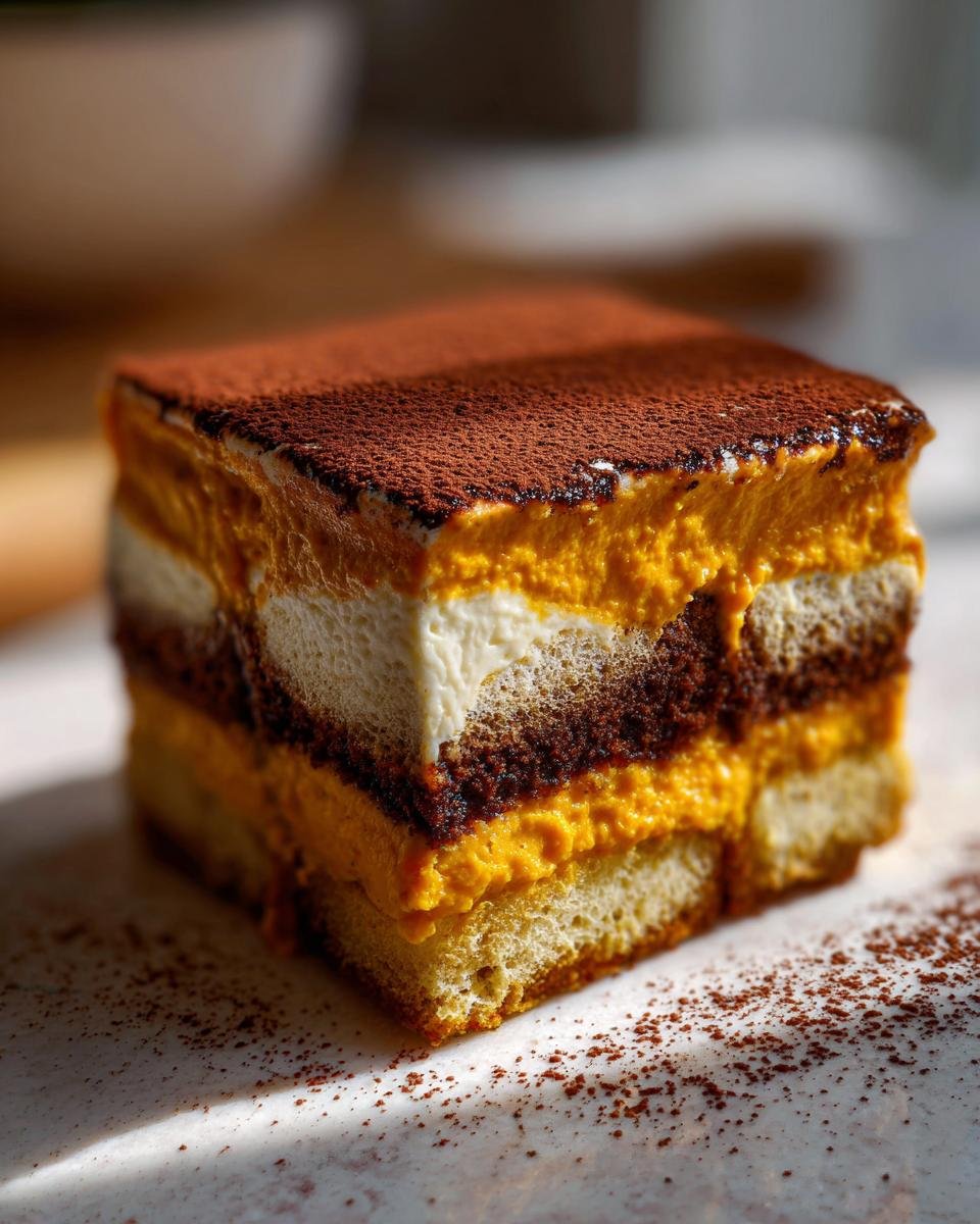 Close-up of a layered slice of Irresistible Pumpkin Tiramisu dusted with cocoa powder.