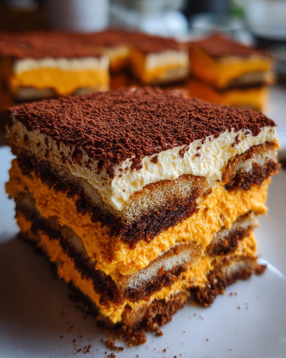 Close-up of a layered slice of Irresistible Pumpkin Tiramisu, topped with cocoa powder.