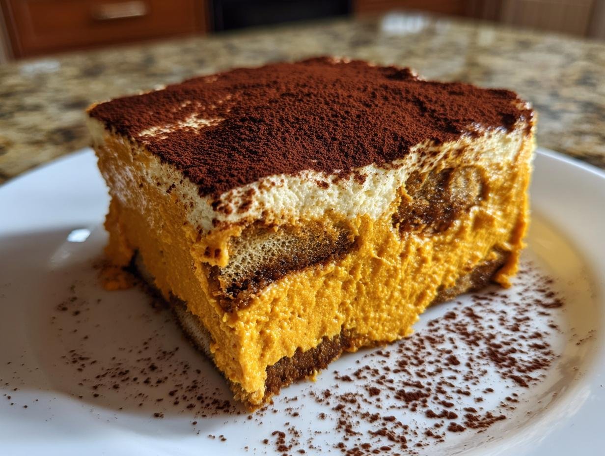 A close-up of a slice of Irresistible Pumpkin Tiramisu, showing layers of orange pumpkin cream and ladyfingers, dusted with cocoa powder.