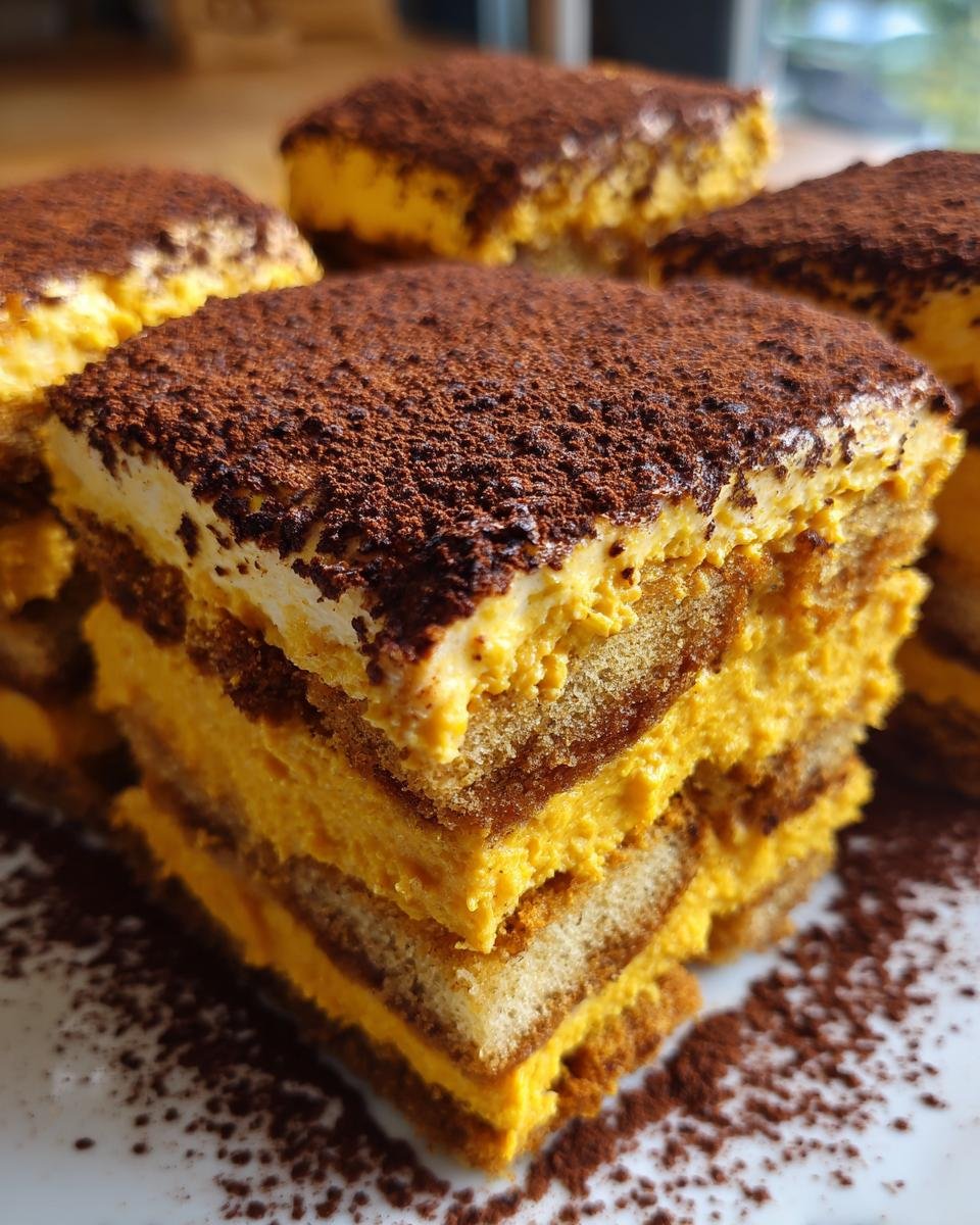 Close-up of layered Irresistible Pumpkin Tiramisu squares dusted heavily with cocoa powder.