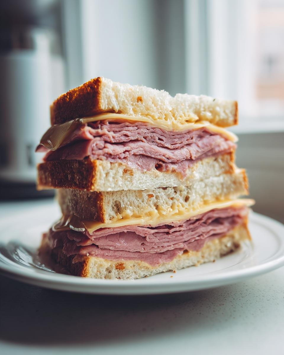 A tall stack of two halves of Irresistible Roast Beef And Cheese Sandwiches on a white plate.