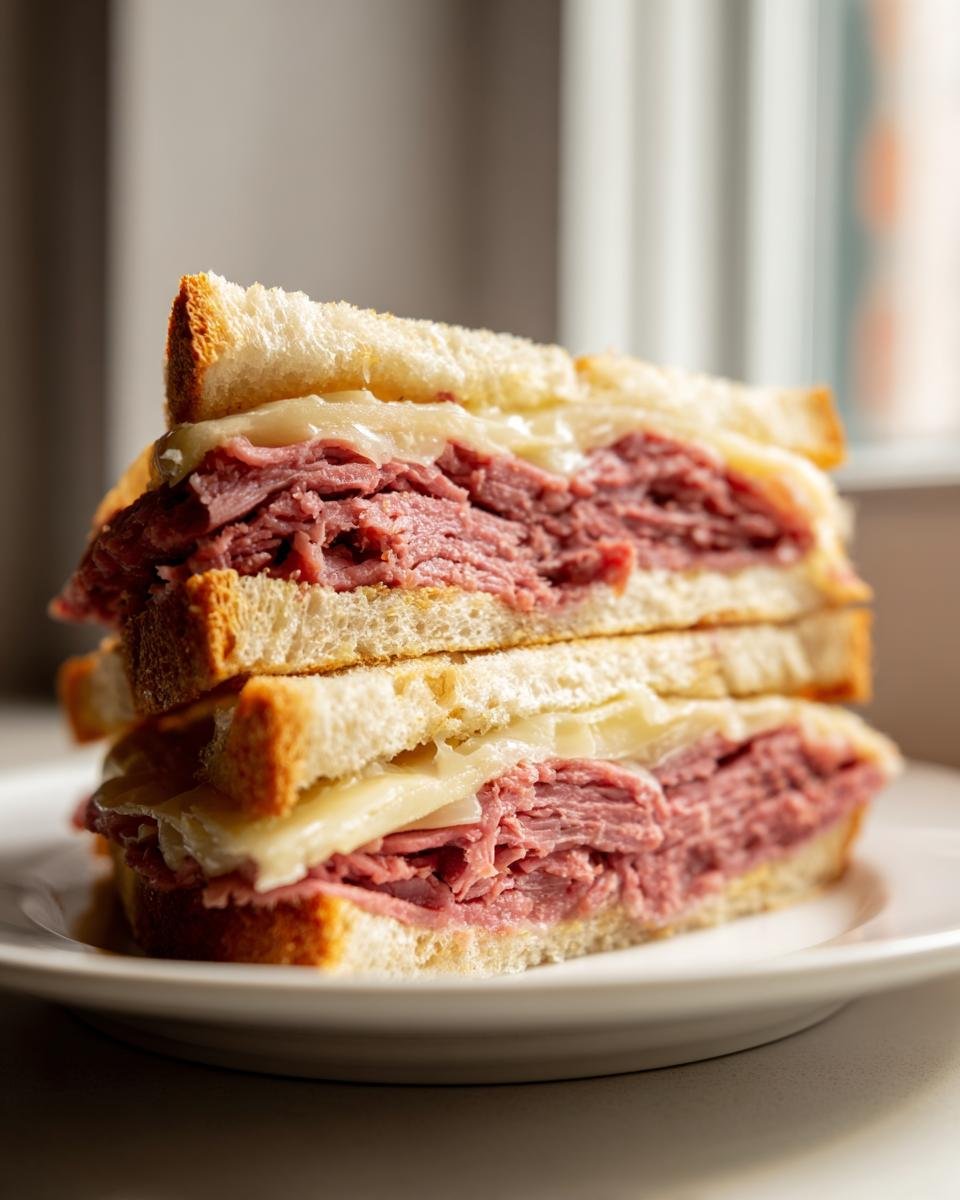 A tall stack of two halves of Irresistible Roast Beef And Cheese Sandwiches on a white plate.