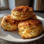 Close-up of four golden-brown Irresistible Sage Gruyere Biscuits stacked slightly on a white plate.