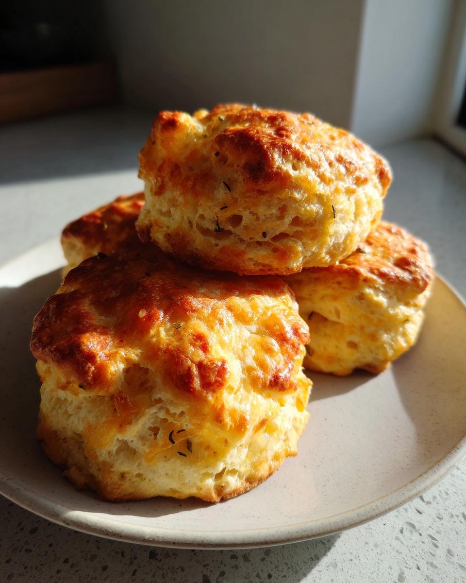 A stack of four golden-brown Irresistible Sage Gruyere Biscuits with a cheesy, flaky top, served on a light plate.