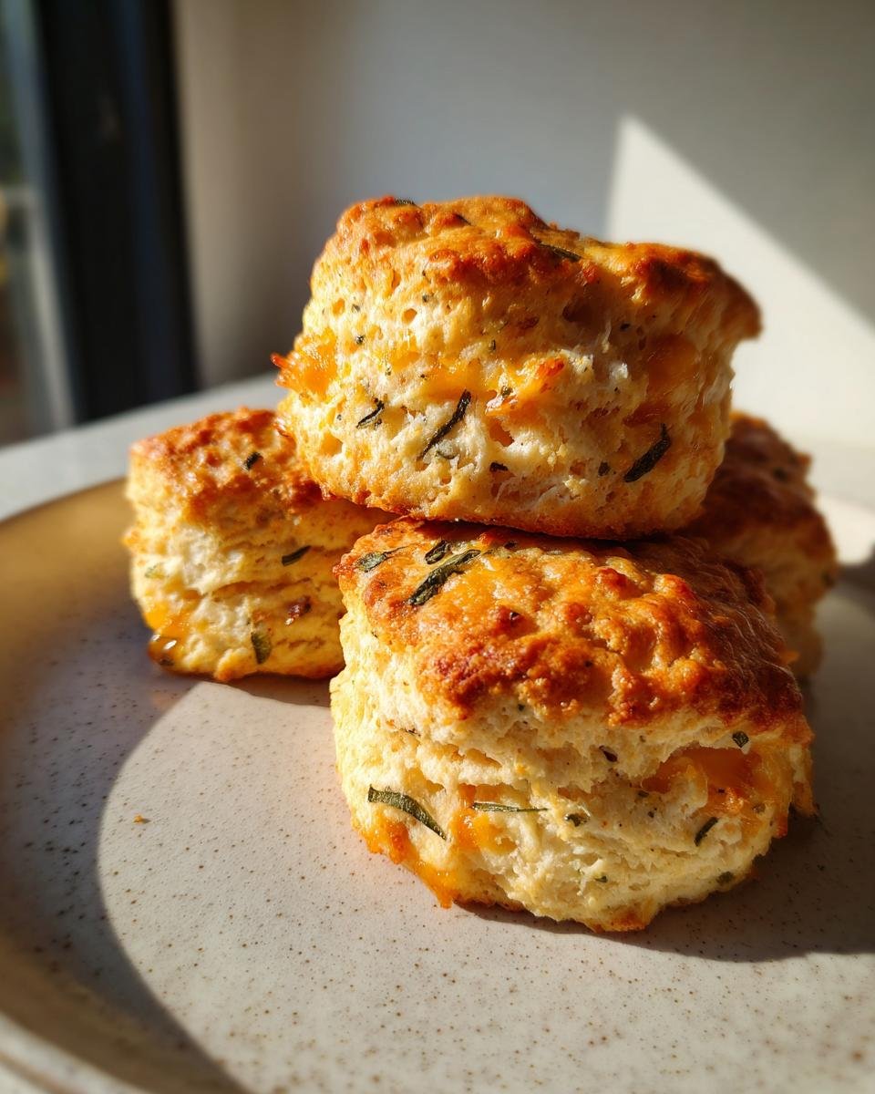 A stack of golden brown Irresistible Sage Gruyere Biscuits showing visible flecks of sage and melted cheese.