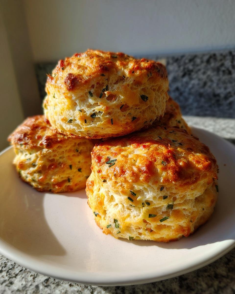 A stack of golden brown, flaky Irresistible Sage Gruyere Biscuits topped with melted cheese and visible green herbs.