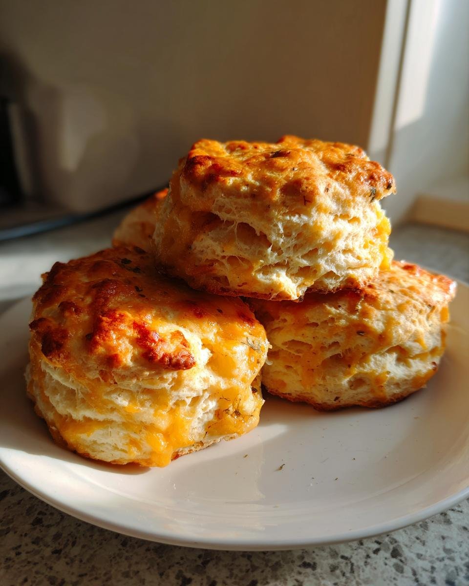 A stack of freshly baked, flaky Irresistible Sage Gruyere Biscuits topped with melted golden cheese.