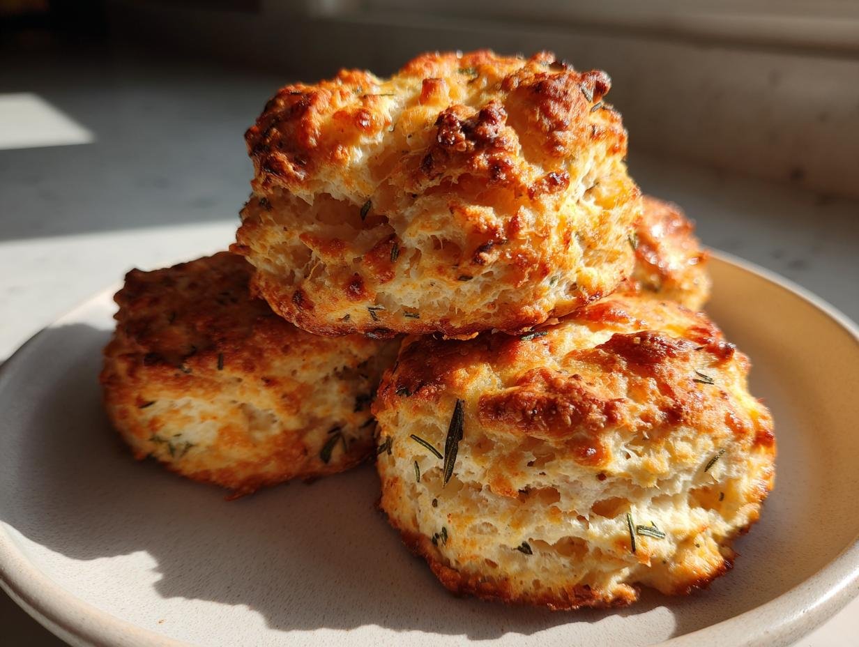 Three golden-brown, fluffy Irresistible Sage Gruyere Biscuits stacked on a light-colored plate, showing visible herbs.
