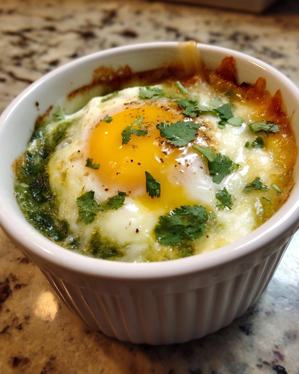 A single serving of Irresistible Salsa Verde Baked Eggs topped with melted cheese and fresh cilantro in a white ramekin.