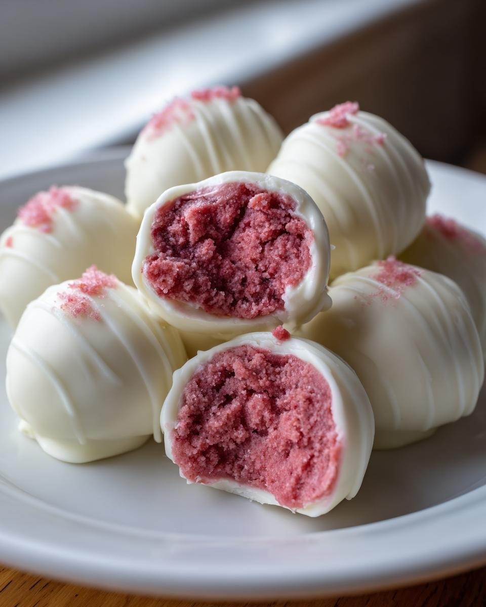 Close-up of Irresistible Strawberry Cheesecake Truffle Balls, showing the pink filling inside a white chocolate coating.