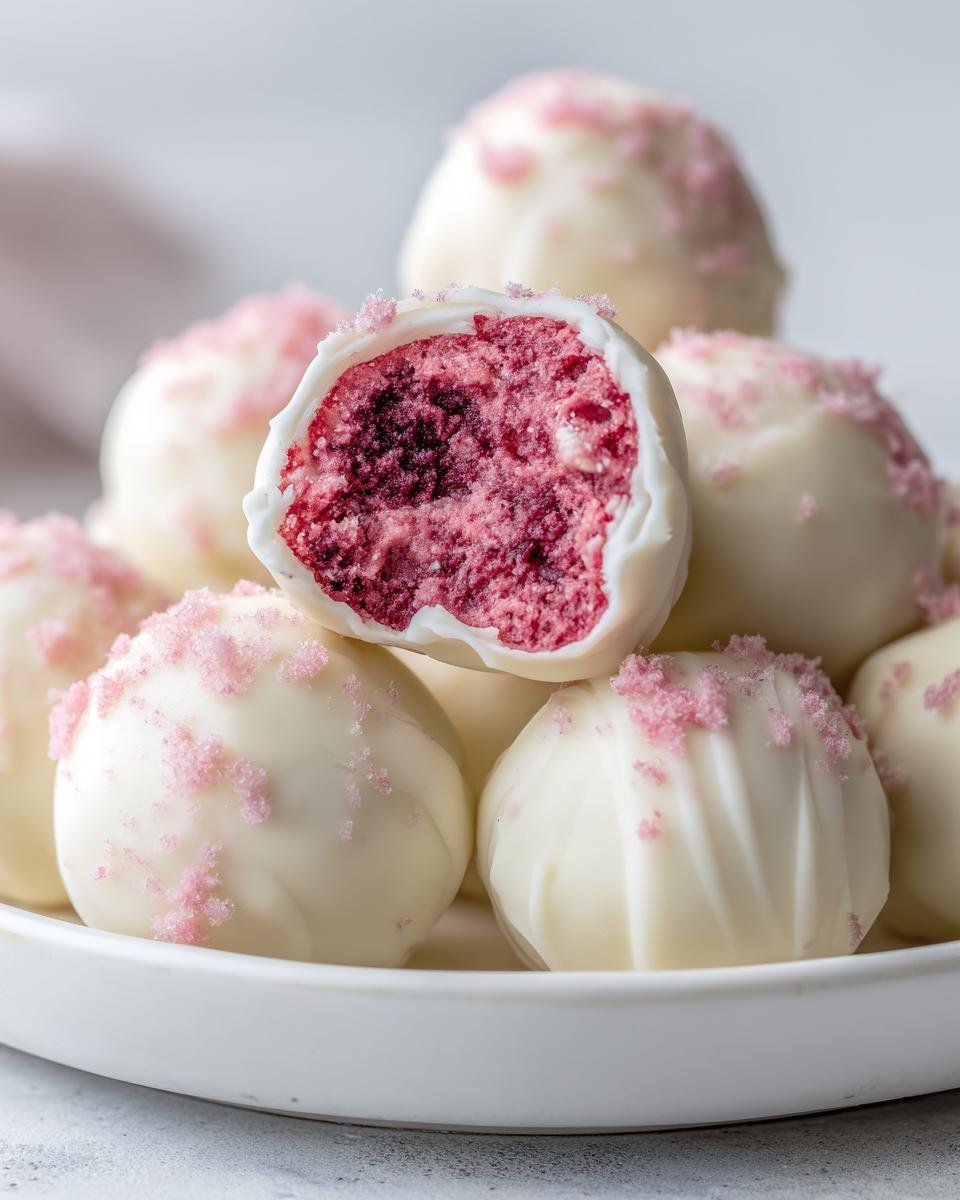 Close-up of Irresistible Strawberry Cheesecake Truffle Balls coated in white chocolate, one cut open showing the pink interior.