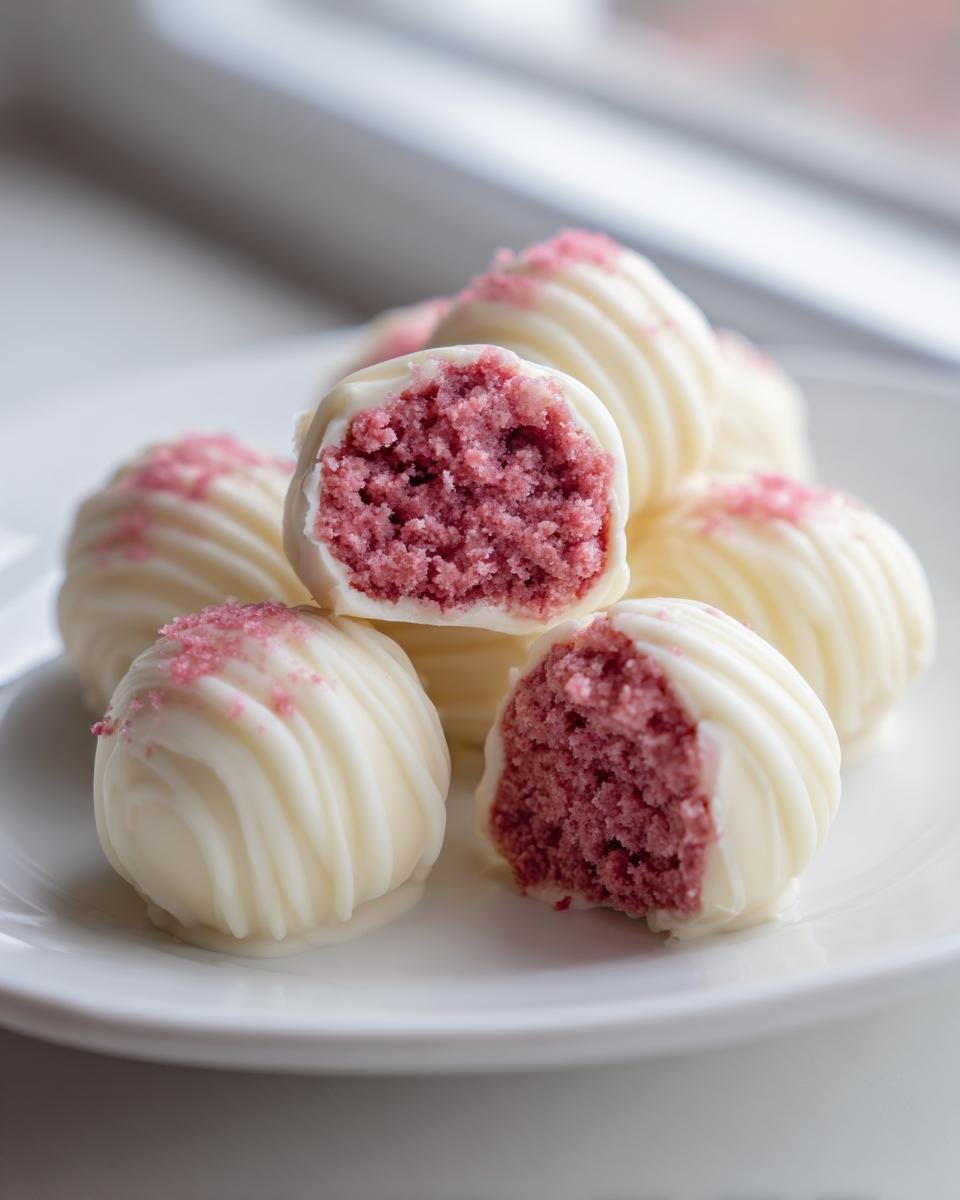 Close-up of Irresistible Strawberry Cheesecake Truffle Balls, showing the pink interior coated in white chocolate.