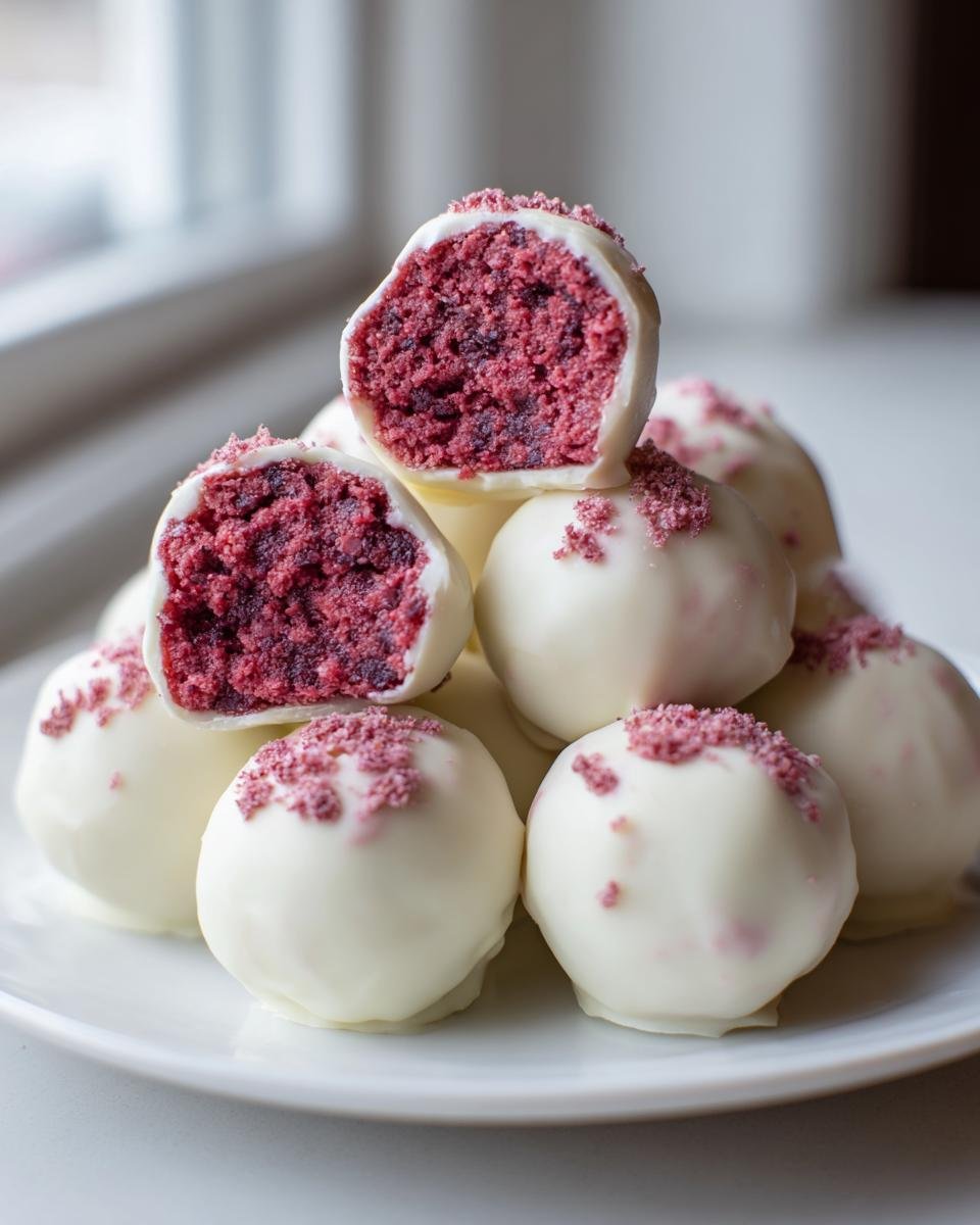 Close-up of Irresistible Strawberry Cheesecake Truffle Balls dipped in white chocolate, one cut open showing pink filling.