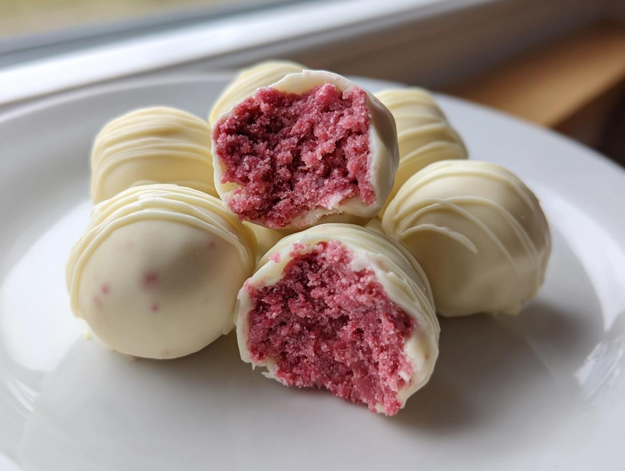 Close-up of Irresistible Strawberry Cheesecake Truffle Balls coated in white chocolate, one is bitten open showing the pink filling.