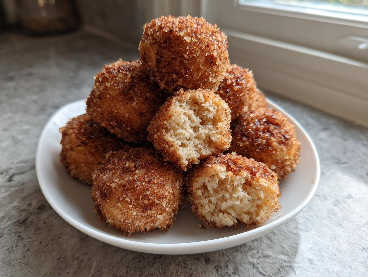 A stack of Irresistible Tasty Angel Cake Churro Bites coated in cinnamon sugar, with one broken open to show the fluffy interior.