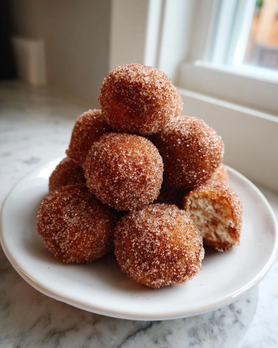 A stack of Irresistible Tasty Angel Cake Churro Bites coated in cinnamon sugar on a white plate.