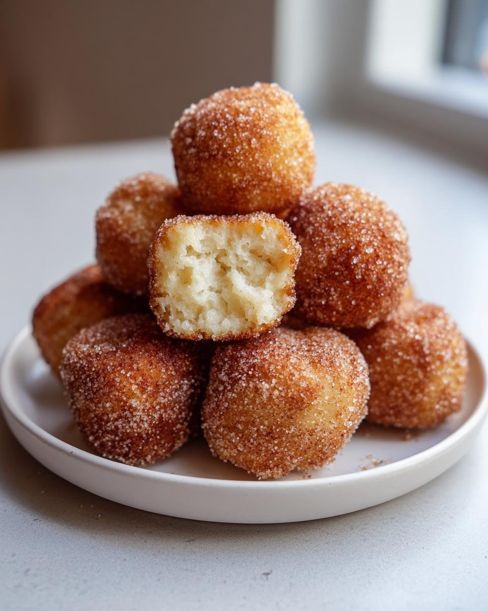 A stack of Irresistible Tasty Angel Cake Churro Bites coated in cinnamon sugar, with one bite broken open showing the fluffy interior.