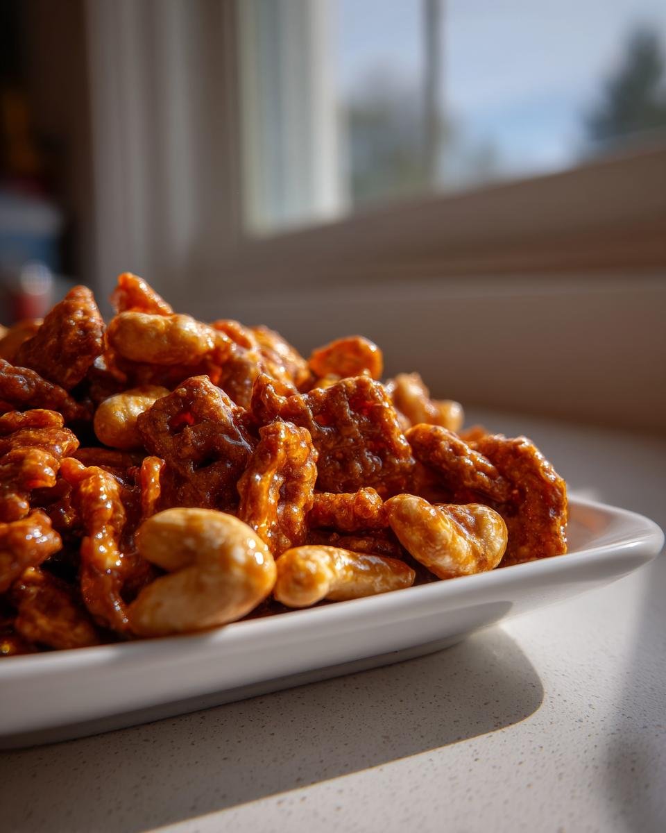 A close-up shot of glossy, caramel-coated Irresistible Toffee Chex Mix mixed with whole cashews on a white rectangular plate.