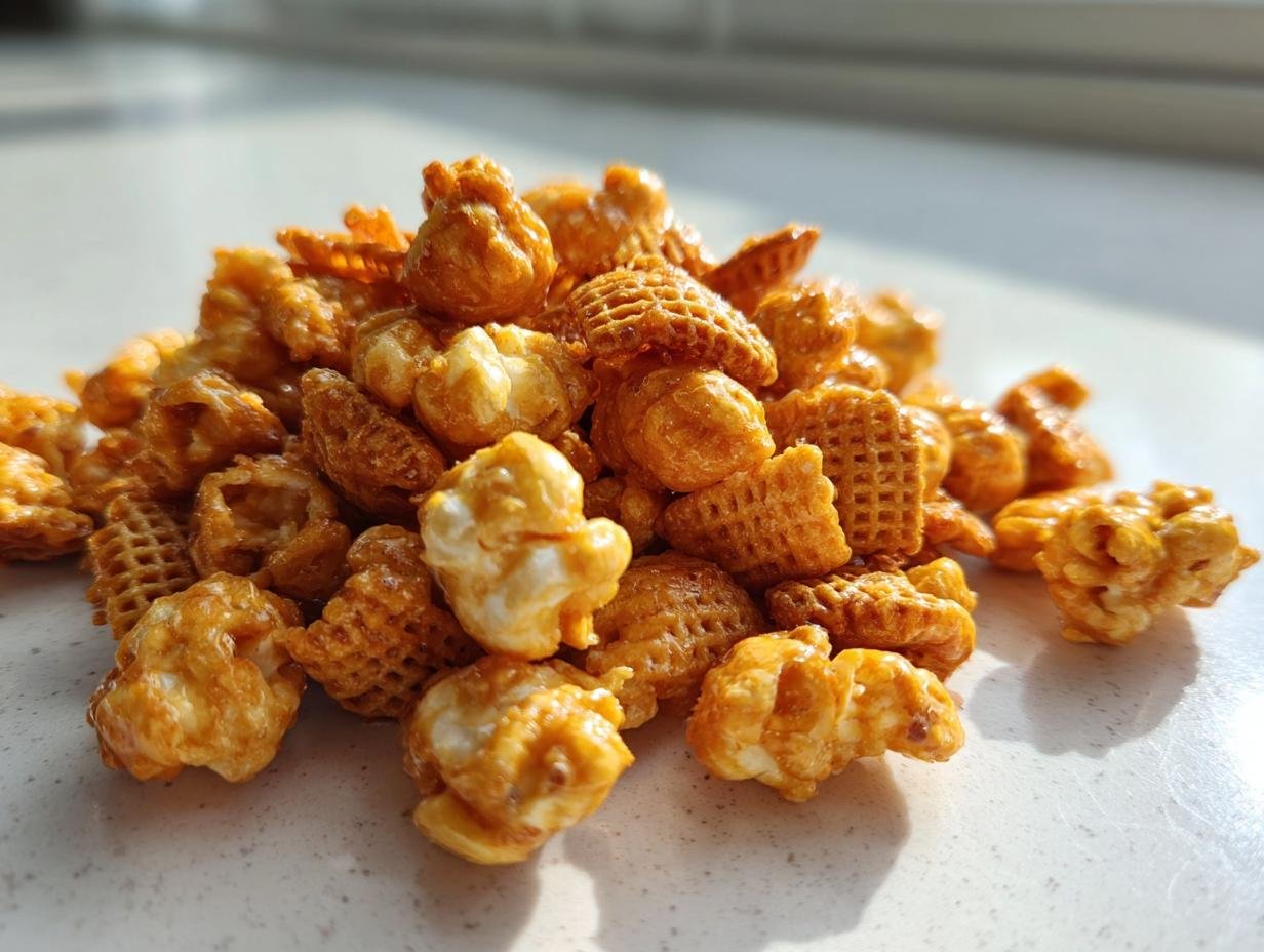 A close-up pile of Irresistible Toffee Chex Mix featuring waffle cereal pieces and caramel-coated popcorn.