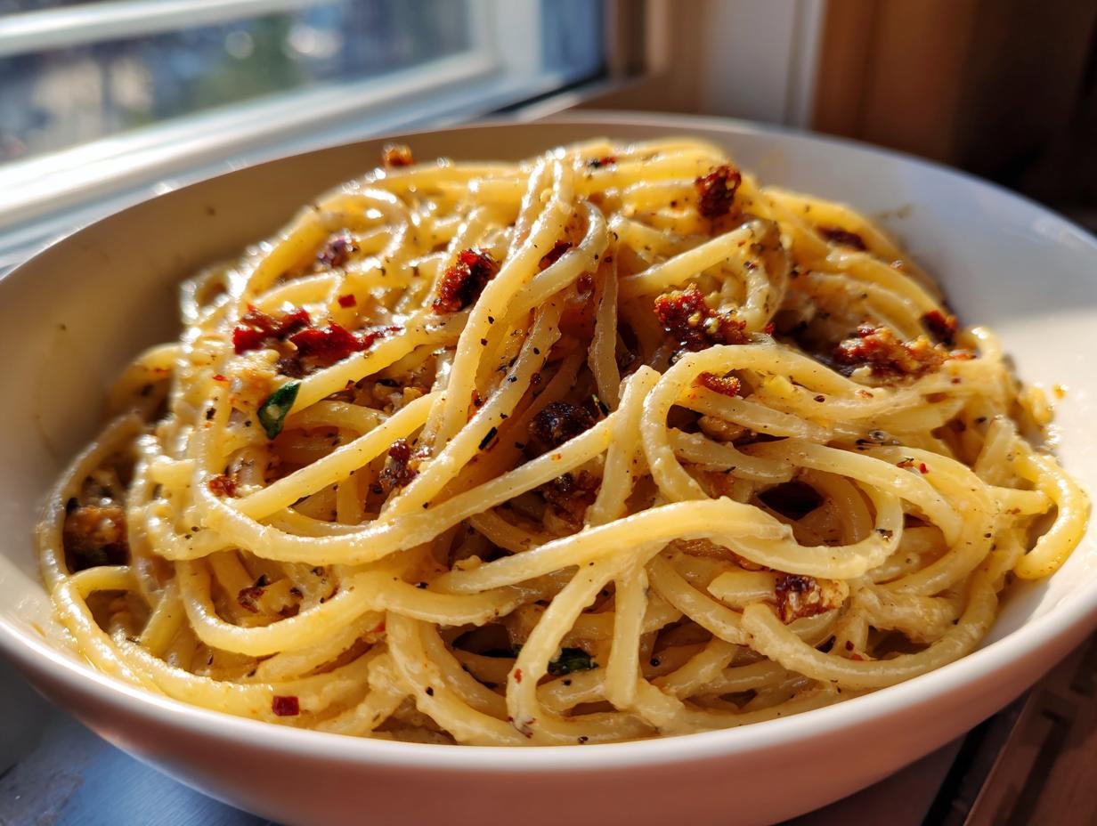 Close-up of a bowl filled with creamy spaghetti coated in sauce, resembling Irresistible Vegan Carbonara Creamy Delight.