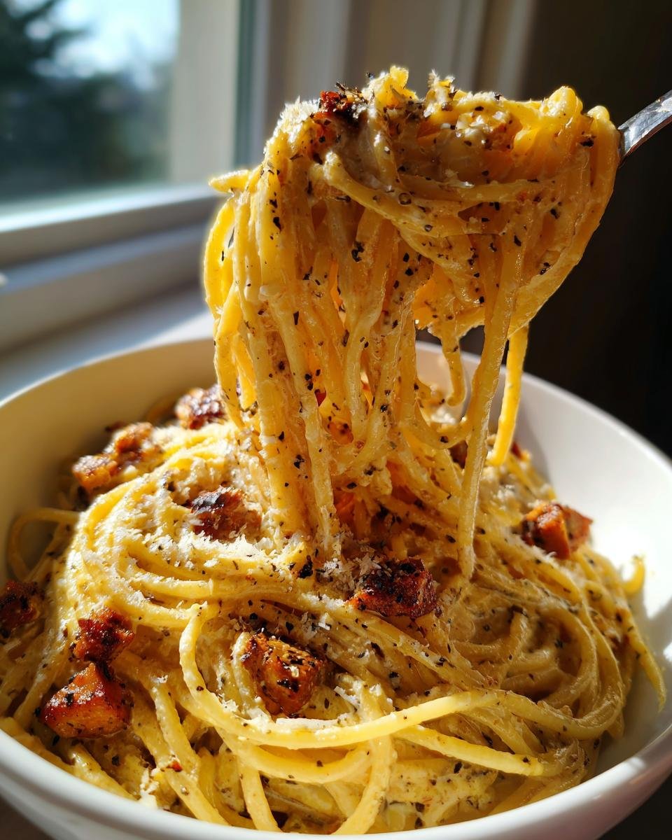 A fork lifts spaghetti coated in creamy sauce and black pepper from a bowl of Irresistible Vegan Carbonara.