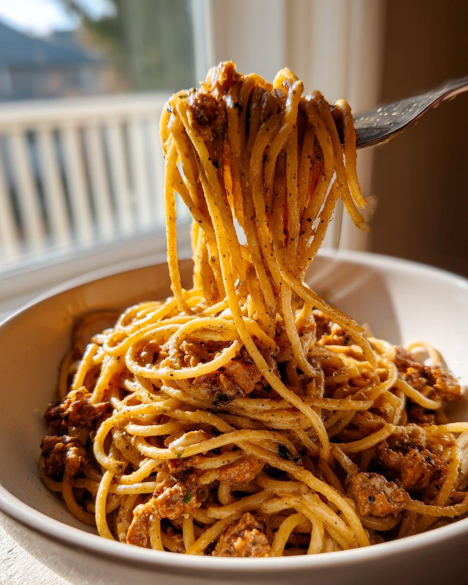 A fork lifts spaghetti coated in creamy sauce from a bowl of Irresistible Vegan Carbonara.