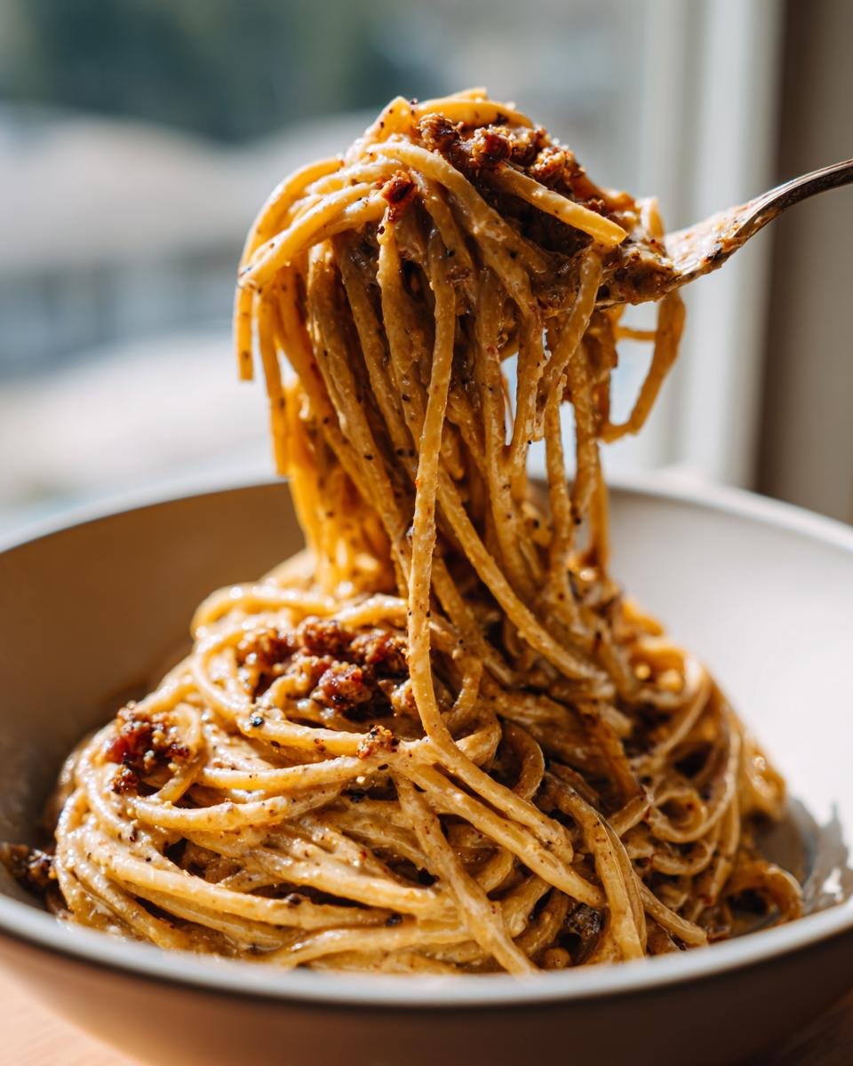 A fork lifting long strands of spaghetti coated in creamy sauce and topped with vegan bacon bits from a bowl of Irresistible Vegan Carbonara.