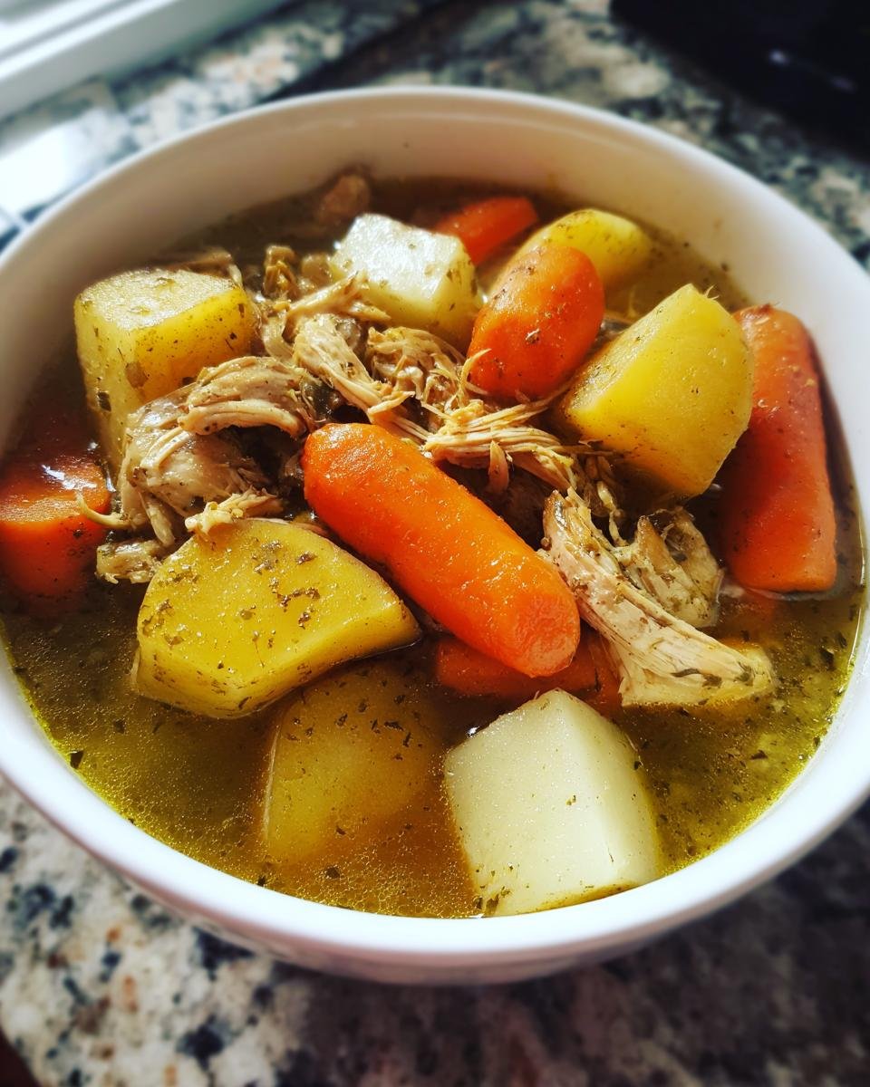 Close-up of a white bowl filled with flavorful Jamaican Chicken Soup featuring shredded chicken, large chunks of potato, and bright carrots.