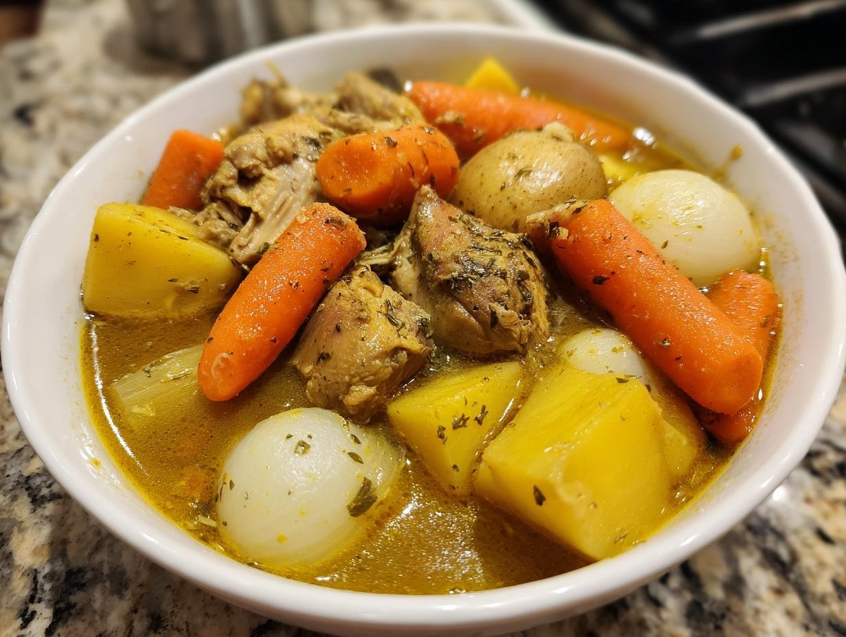 Close-up of a bowl filled with rich, yellow broth Jamaican Chicken Soup, featuring chunks of chicken, carrots, potatoes, and onions.