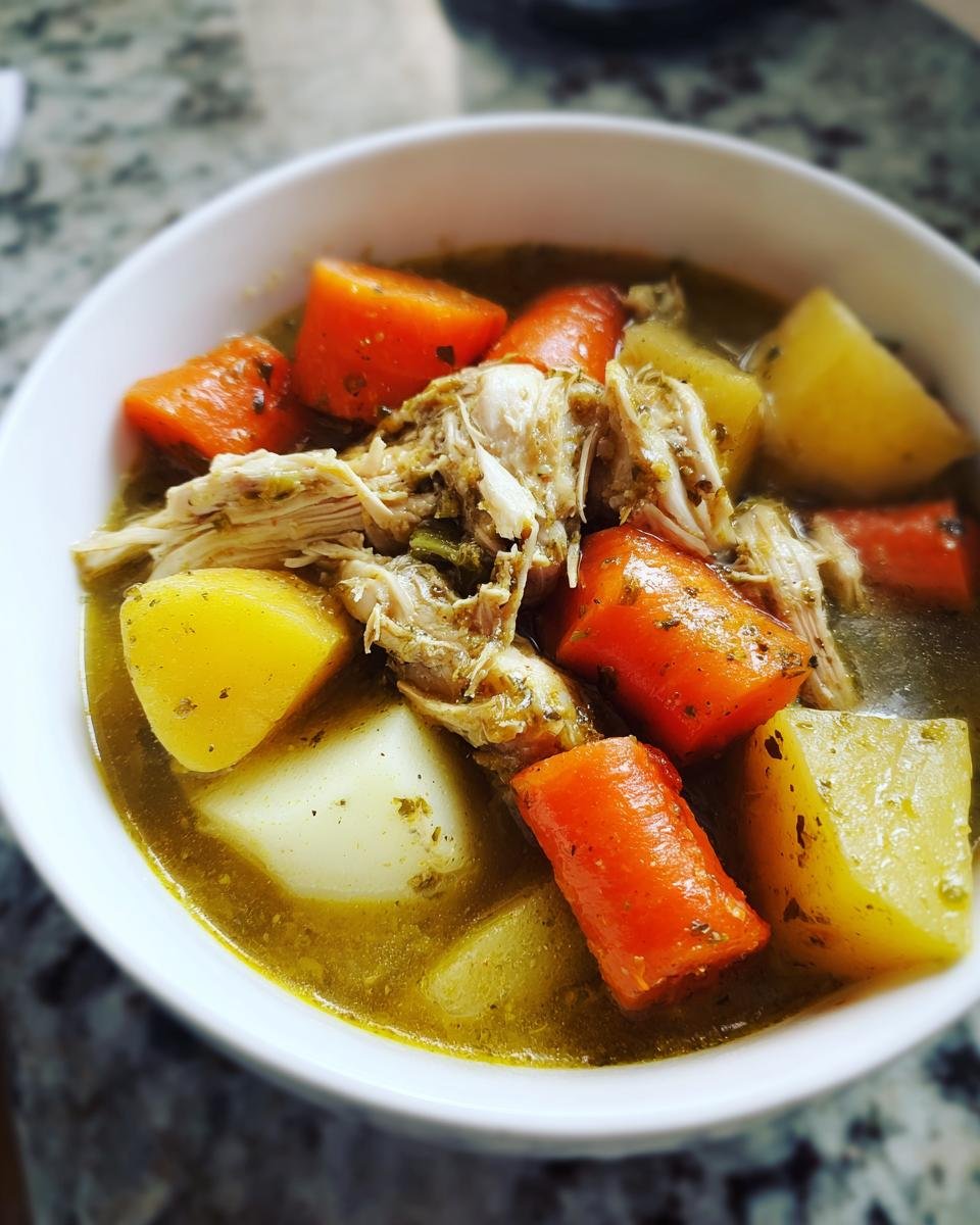Close-up of a white bowl filled with rich Jamaican Chicken Soup, featuring shredded chicken, large chunks of carrots, and potatoes.