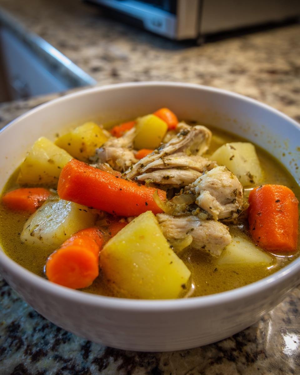 Close-up of a white bowl filled with flavorful Jamaican Chicken Soup, featuring shredded chicken, large chunks of carrots, and potatoes.