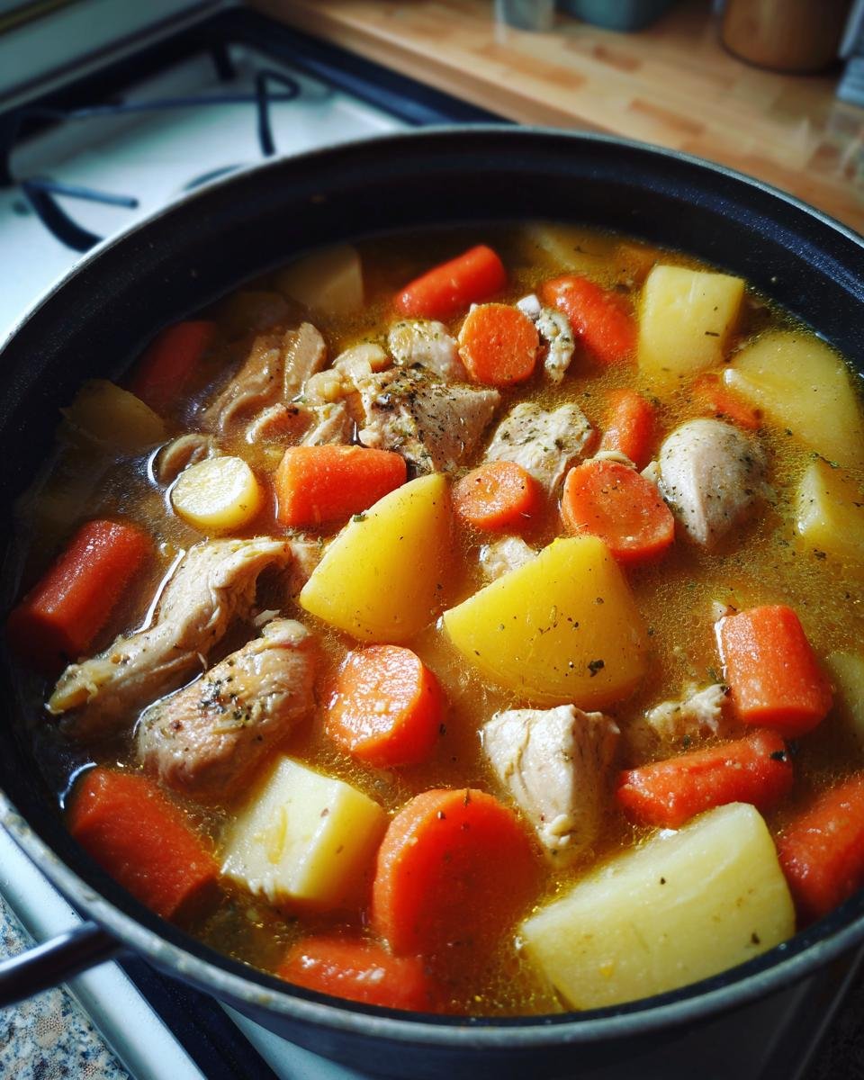 Close-up of hearty Jamaican Chicken Soup simmering in a black pot, filled with chunks of chicken, potatoes, and carrots.