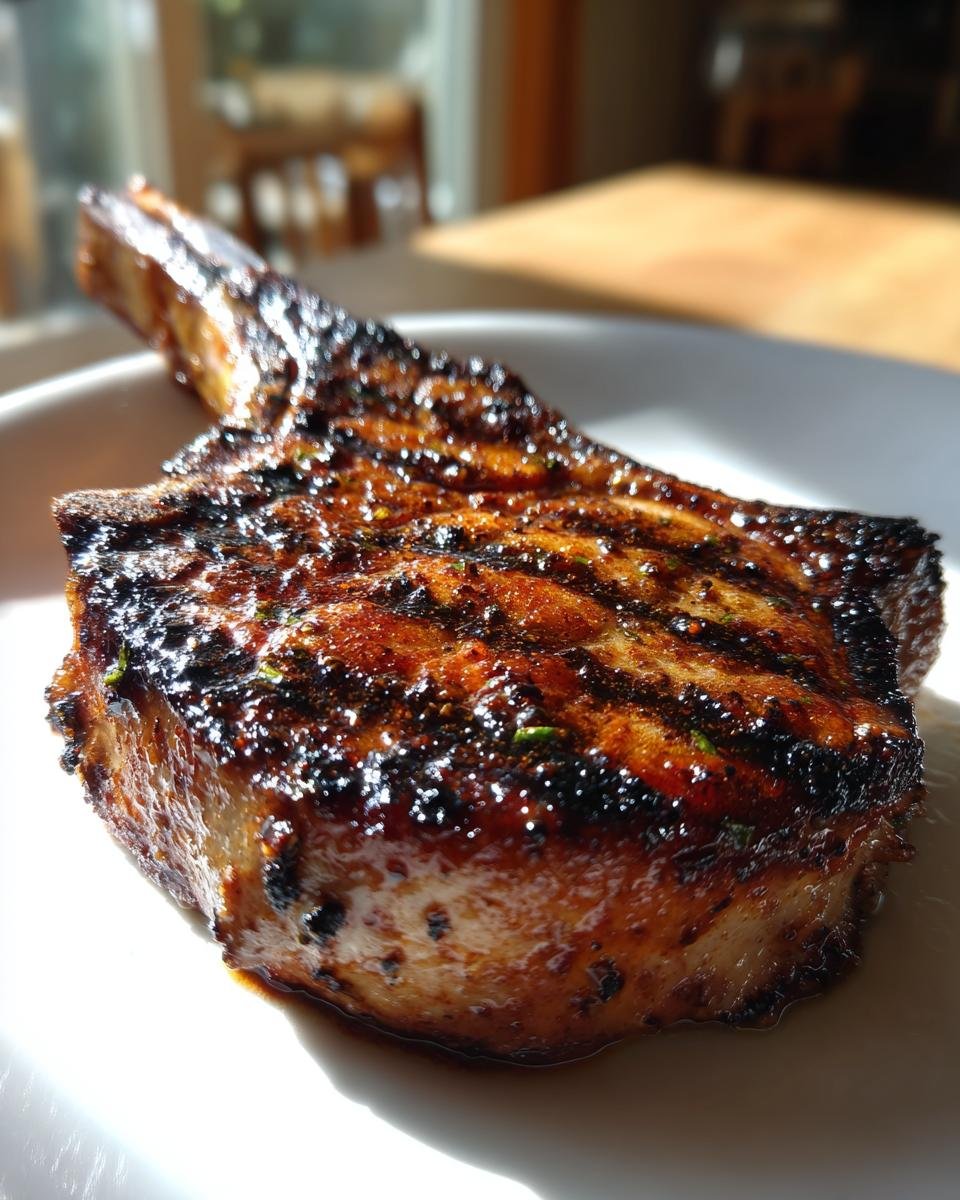 Close-up of a thick, bone-in pork chop glazed with dark Jerk Sauce, showing char marks.