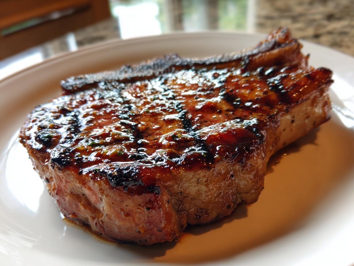 Close-up of a thick, juicy pork chop coated in glossy Jerk Sauce Grilled Pork Chops glaze, showing distinct grill marks.