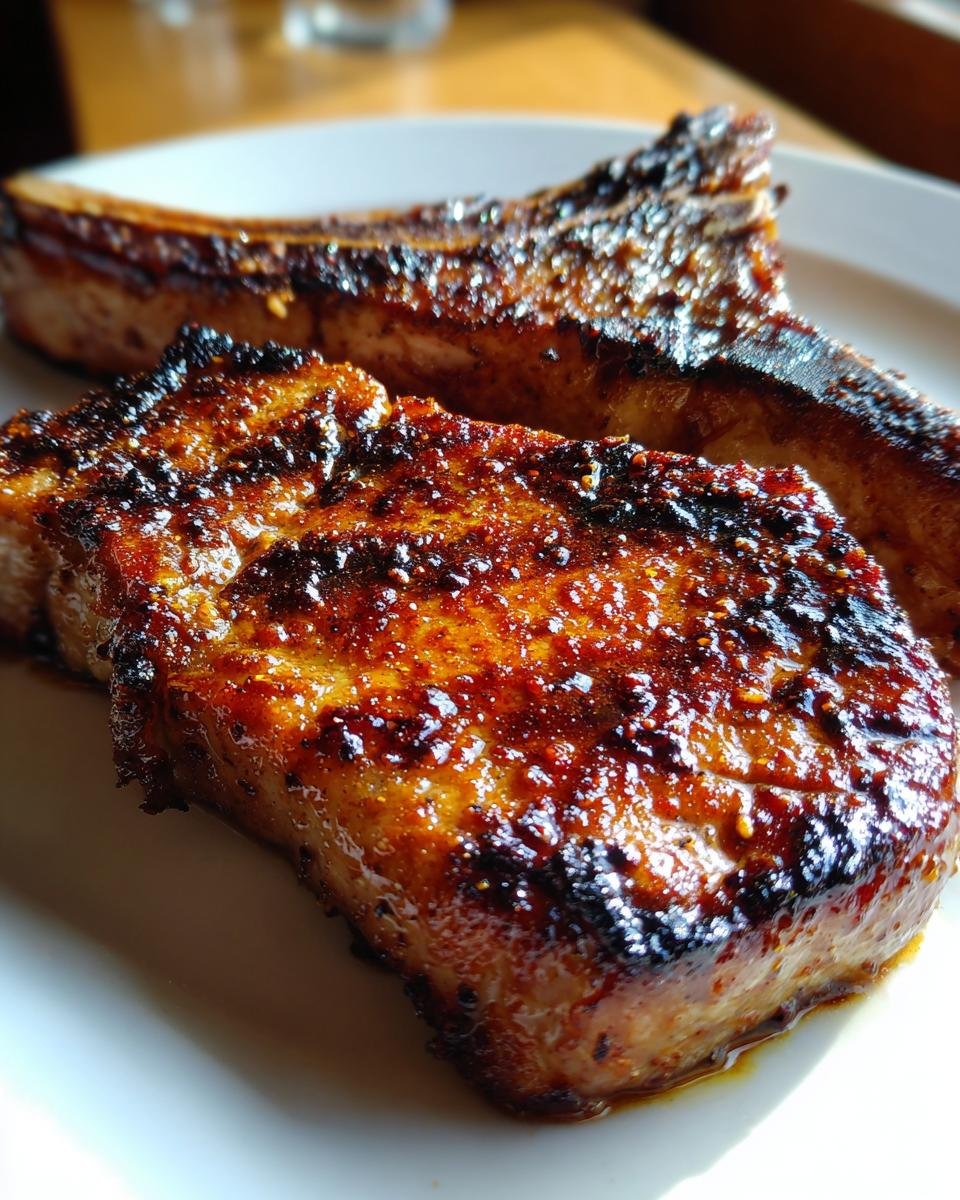 Close-up of two thick, bone-in Jerk Sauce Grilled Pork Chops with a dark, caramelized glaze.