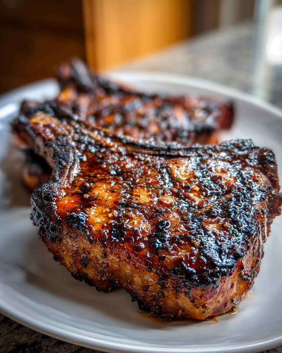 Close-up of thick, juicy Jerk Sauce Grilled Pork Chops with a dark, caramelized crust.