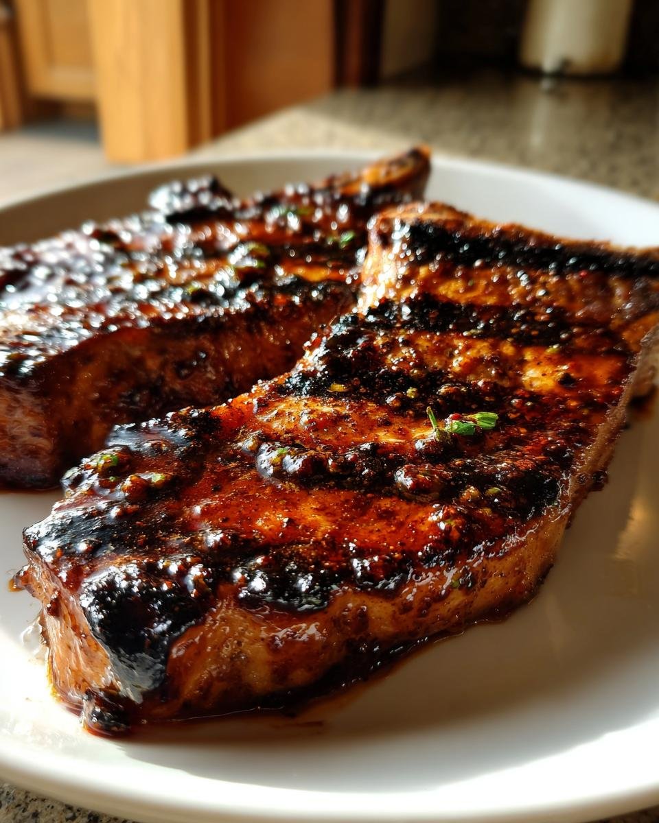 Close-up of two thick, juicy Jerk Sauce Grilled Pork Chops with visible grill marks and a rich, dark glaze.