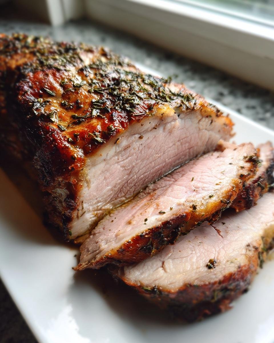 Close-up of a perfectly cooked Pork Loin Roast, sliced to show the juicy interior and herb crust.