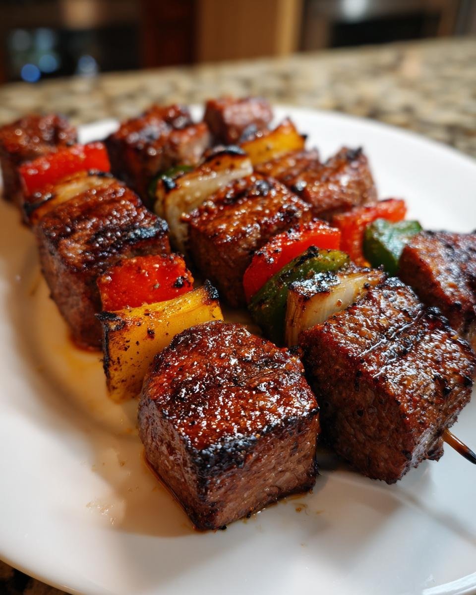 Close-up of grilled Juicy Steak Kabobs alternating with colorful bell peppers and onions on a white plate.