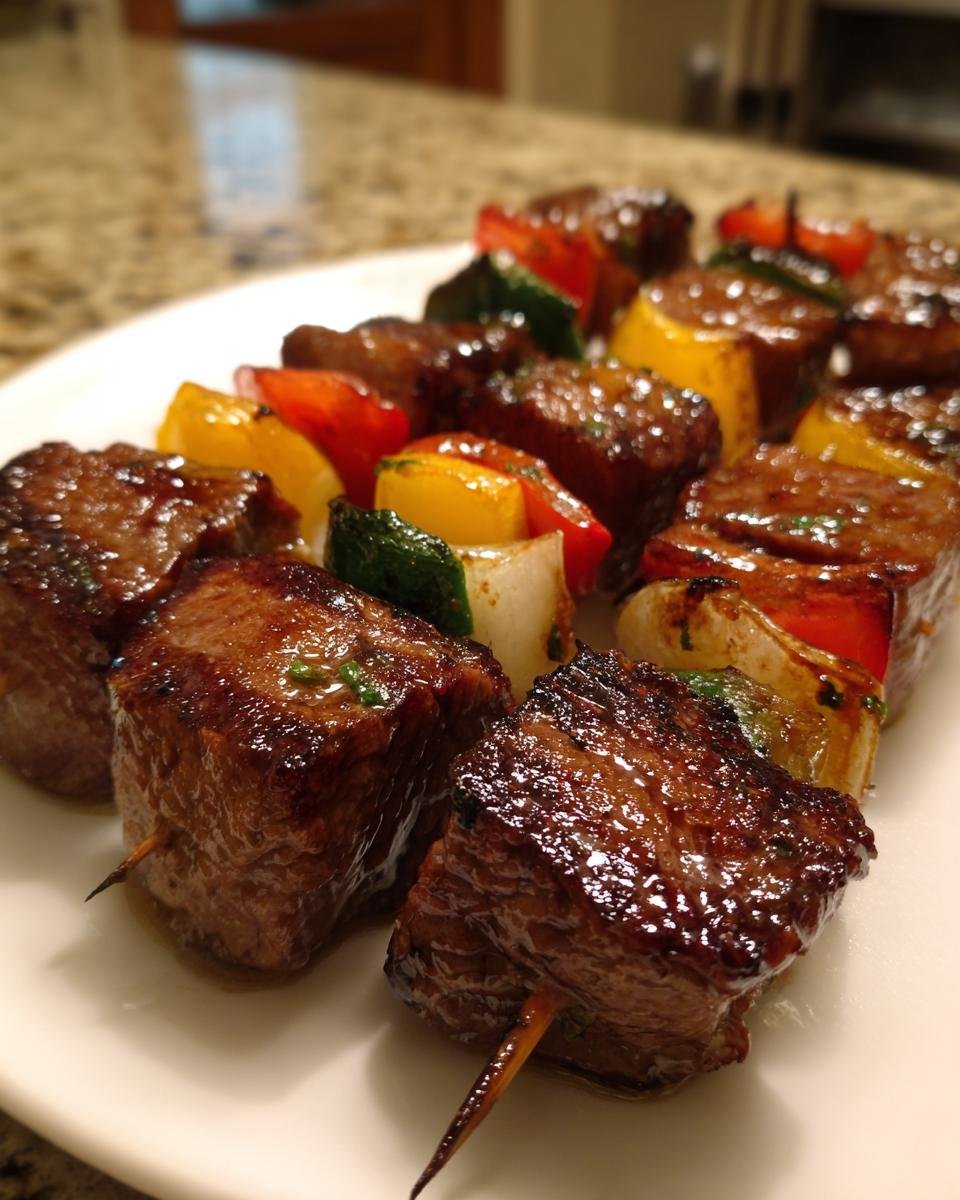 Close-up of perfectly grilled, glazed Juicy Steak Kabobs alternating with colorful bell peppers and zucchini.