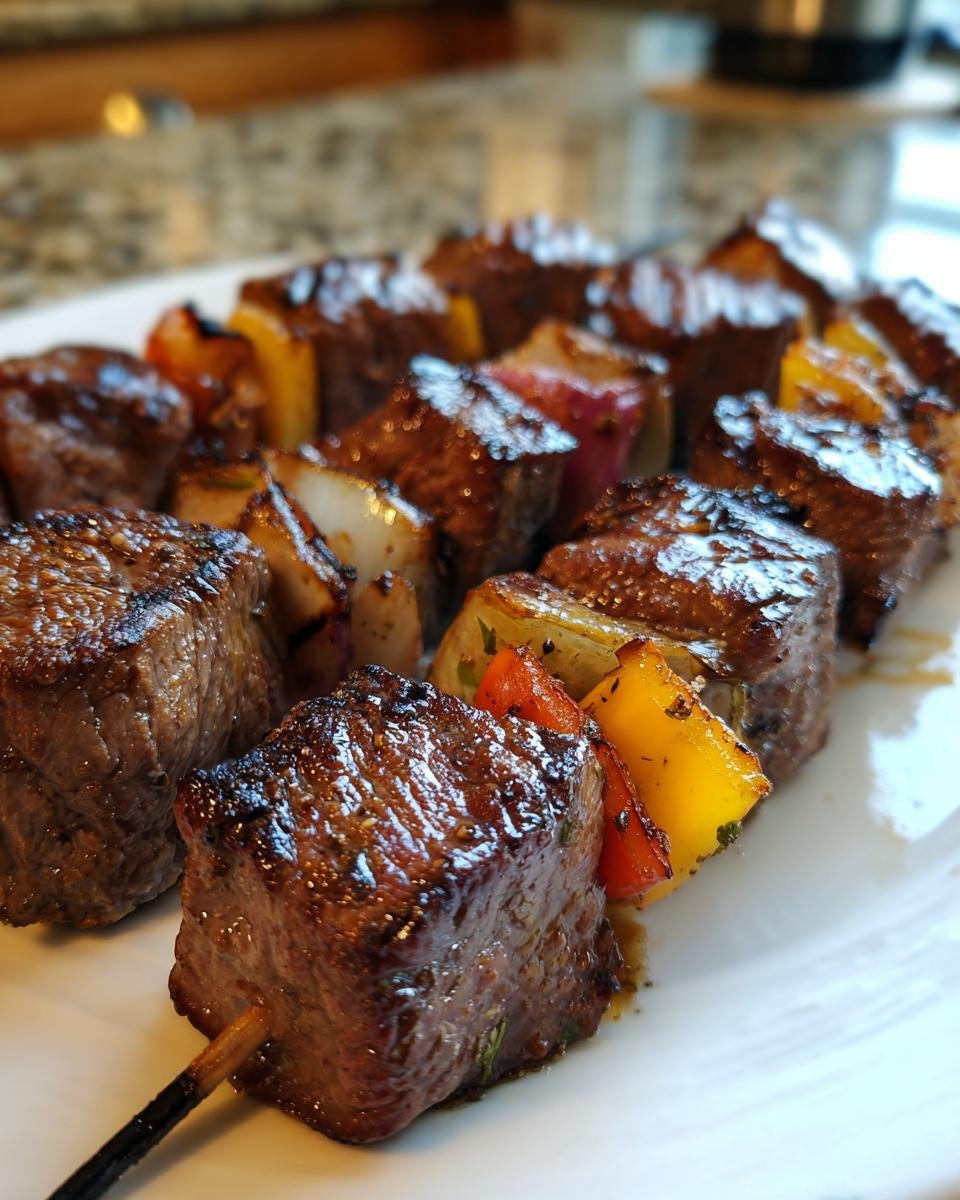 Close-up of perfectly grilled, glazed Juicy Steak Kabobs alternating with colorful bell peppers and onions on a white plate.