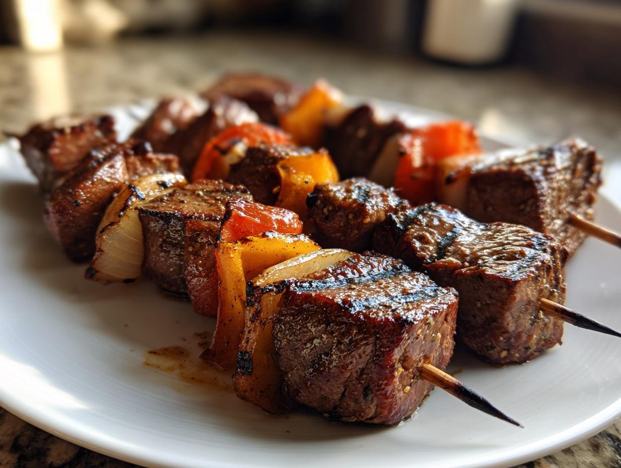 Close-up of perfectly grilled, juicy steak kabobs featuring chunks of seared beef, onions, and bell peppers on skewers.