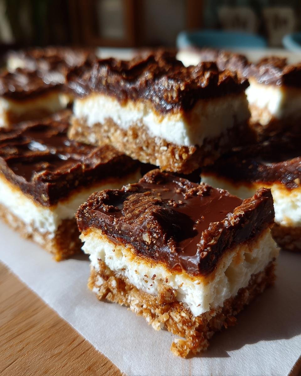 A close-up of several squares of layered Cheesecake Bark featuring a crust, white filling, and chocolate topping.