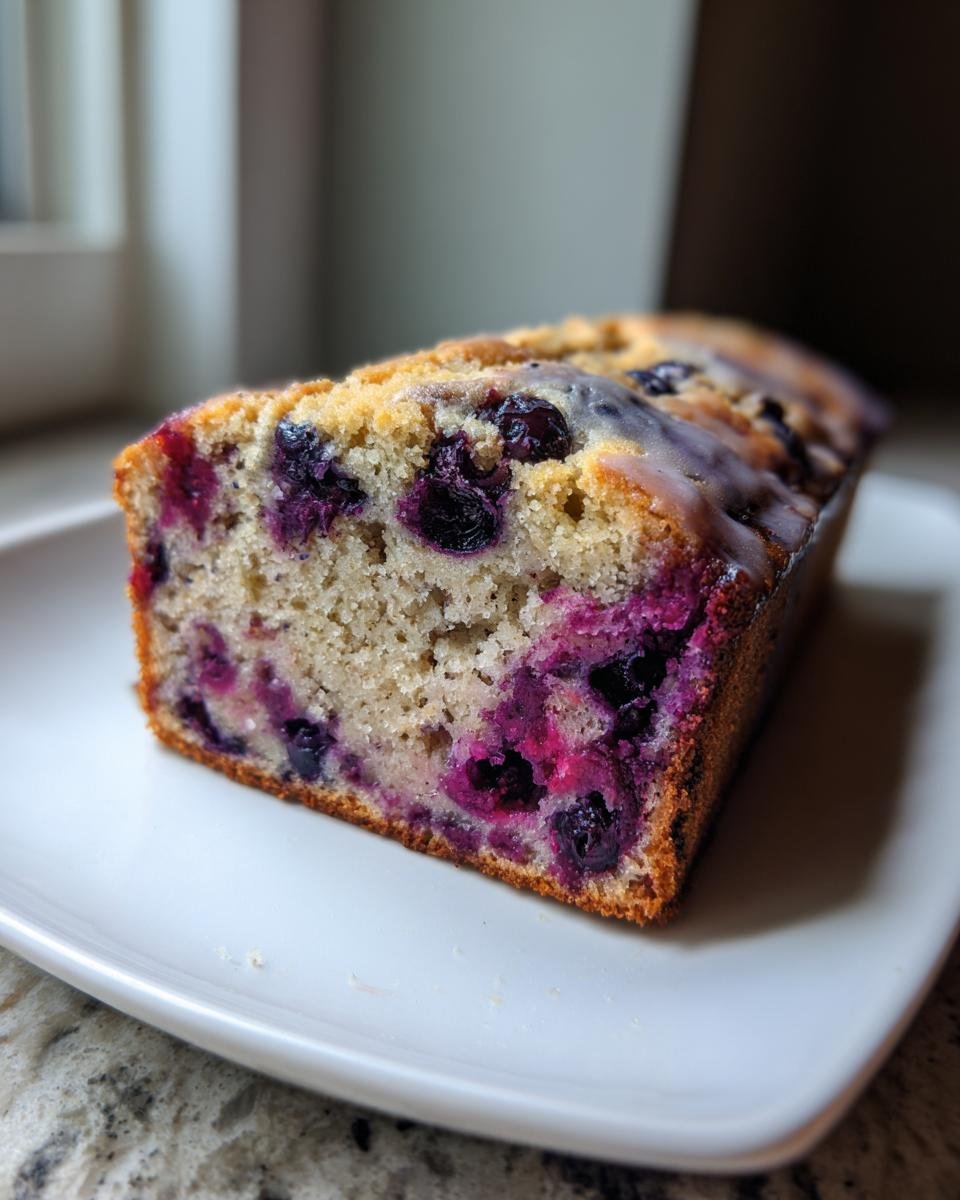 Close-up of a slice of moist Lemon Blueberry Cream Cheese Pound Cake showing bright purple blueberries and a light glaze.