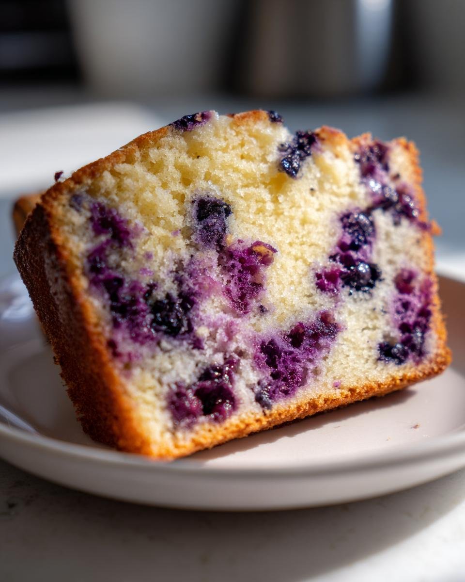 Close-up of a moist slice of Lemon Blueberry Cream Cheese Pound Cake showing bright purple blueberries throughout the yellow crumb.