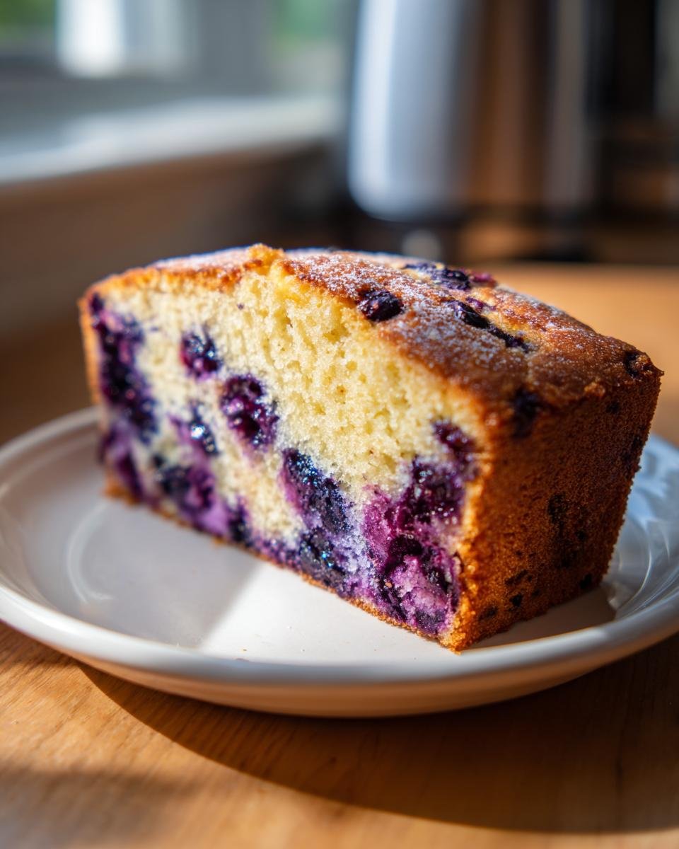 A moist slice of Lemon Blueberry Cream Cheese Pound Cake studded with bright purple blueberries, lightly dusted with powdered sugar.