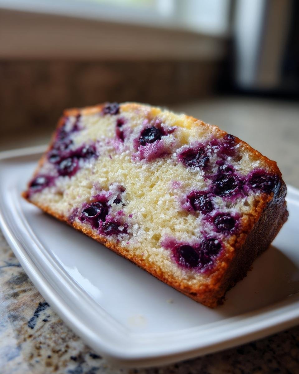 Close-up of a moist slice of Lemon Blueberry Cream Cheese Pound Cake showing rich purple blueberries in a yellow crumb.