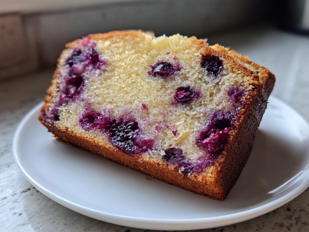 Close-up of a moist slice of Lemon Blueberry Cream Cheese Pound Cake showing rich purple blueberries baked into the yellow crumb.